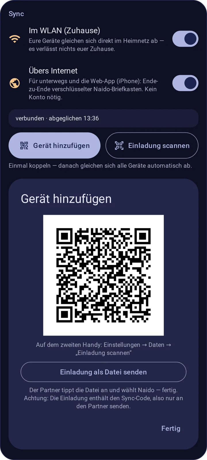 naido-Sync-Einstellungen: WLAN-Abgleich zu Hause und verschlüsselter Abgleich übers Internet, beide an, dazu der QR-Code zum Hinzufügen eines zweiten Geräts